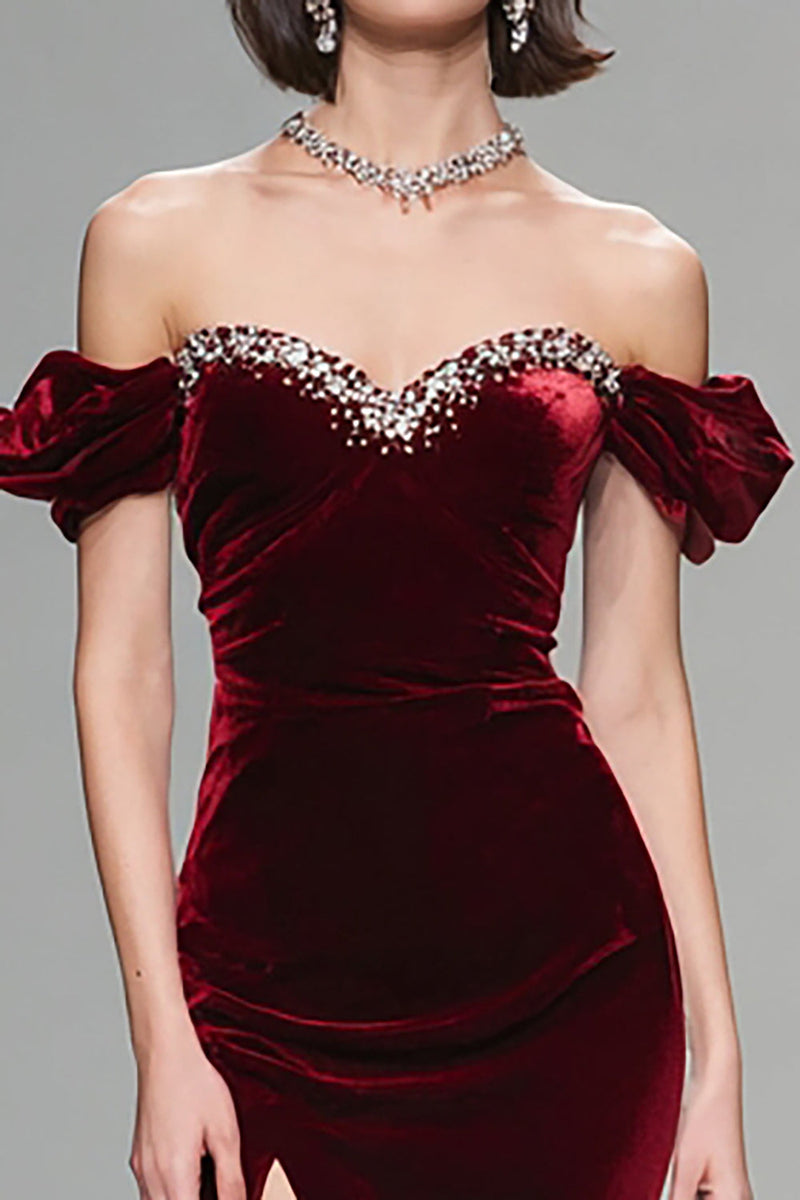 Load image into Gallery viewer, Sparkly Burgundy Velvet Off the Shoulder Long Holiday Party Dress with Beading