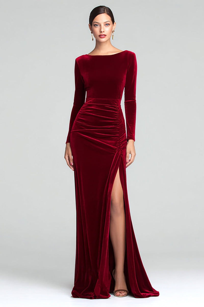 Load image into Gallery viewer, Burgundy Velvet Boat Neck Ruched Long Sleeves Holiday Party Dress