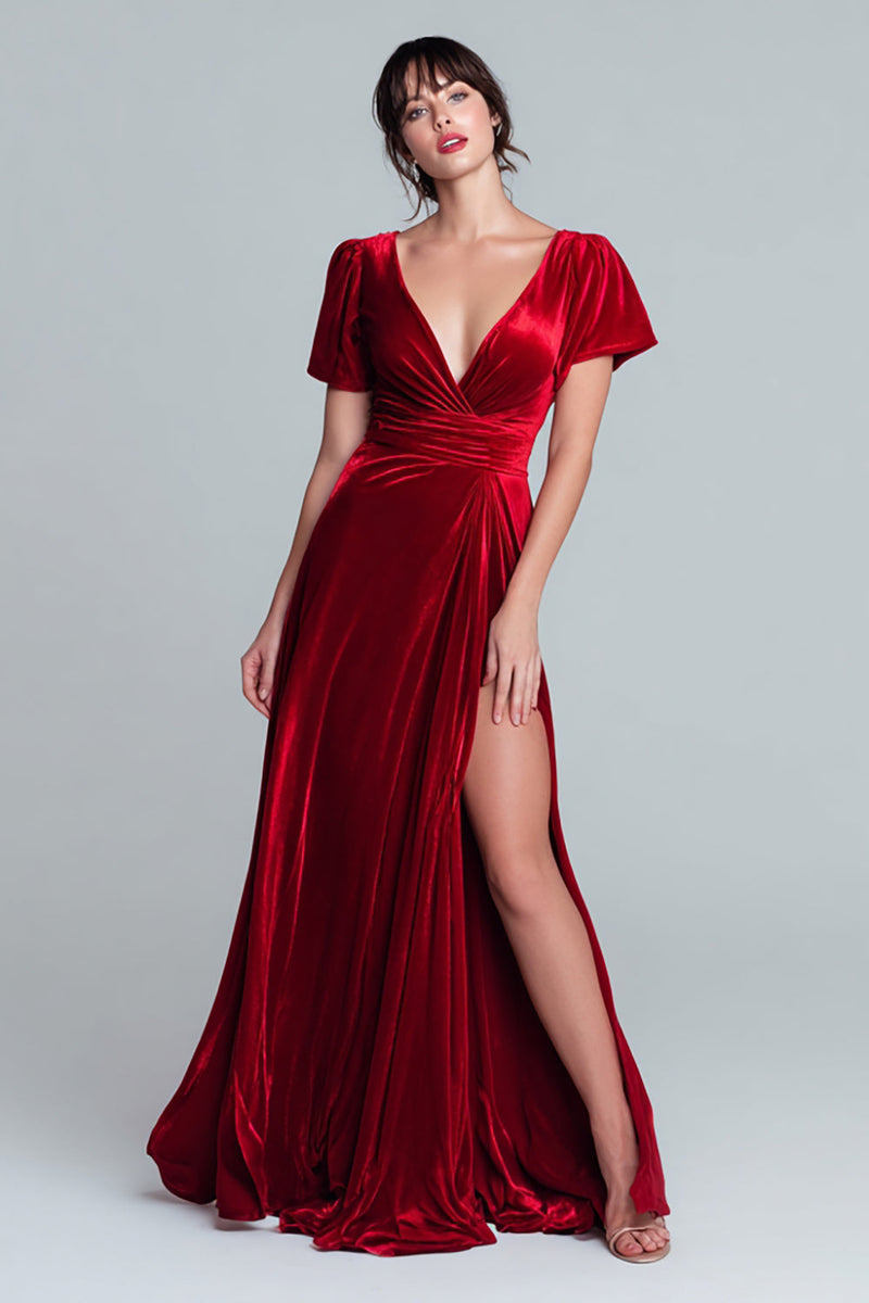 Load image into Gallery viewer, Red A Line Velvet V-Neck Long Holiday Party Dress with Slit