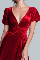 Load image into Gallery viewer, Red A Line Velvet V-Neck Long Holiday Party Dress with Slit
