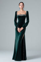 Load image into Gallery viewer, Sparkly Dark Green Velvet Mermaid Long Sleeves Holiday Party Dress with Slit