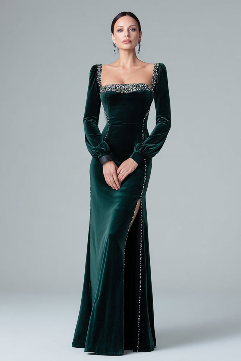 Load image into Gallery viewer, Sparkly Dark Green Velvet Mermaid Long Sleeves Holiday Party Dress with Slit