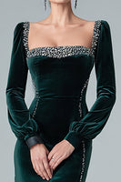 Load image into Gallery viewer, Sparkly Dark Green Velvet Mermaid Long Sleeves Holiday Party Dress with Slit