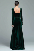Load image into Gallery viewer, Dark Green Velvet Ruched Square Neck Long Holiday Party Dress with Slit