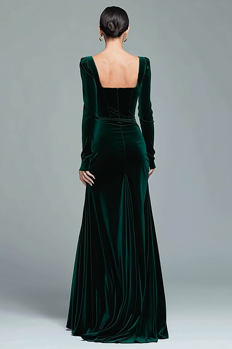 Load image into Gallery viewer, Dark Green Velvet Ruched Square Neck Long Holiday Party Dress with Slit