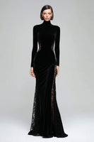Load image into Gallery viewer, Black Velvet High Neck Mermaid Maxi Holiday Party Dress with Lace