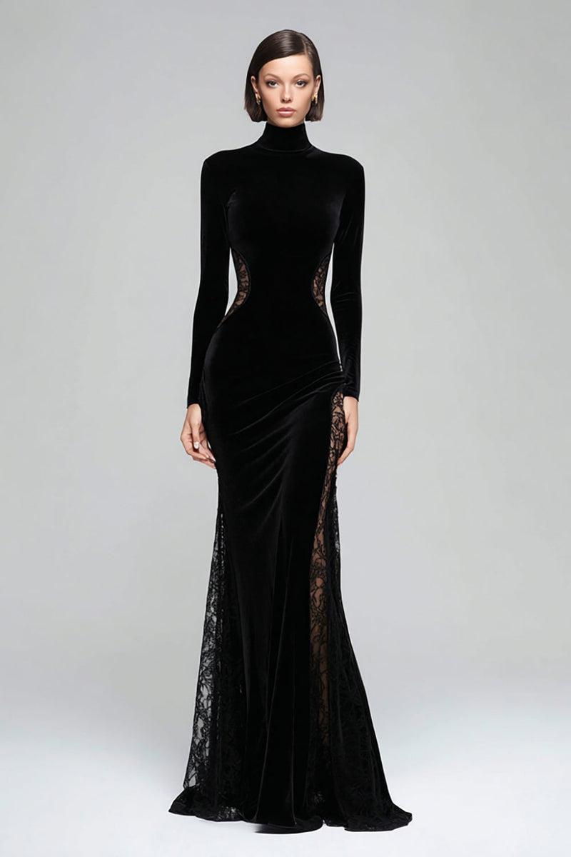 Load image into Gallery viewer, Black Velvet High Neck Mermaid Maxi Holiday Party Dress with Lace