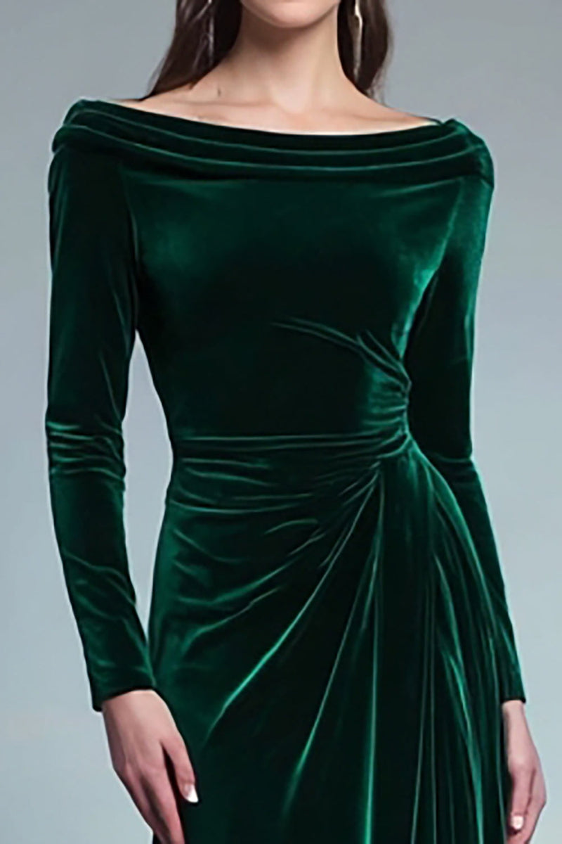 Load image into Gallery viewer, Dark Green Velvet Sheath Boat Neck Long Sleeves Formal Dress