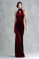 Load image into Gallery viewer, Burgundy Velvet Mermaid High Neck Keyhole Long Holiday Party Dress