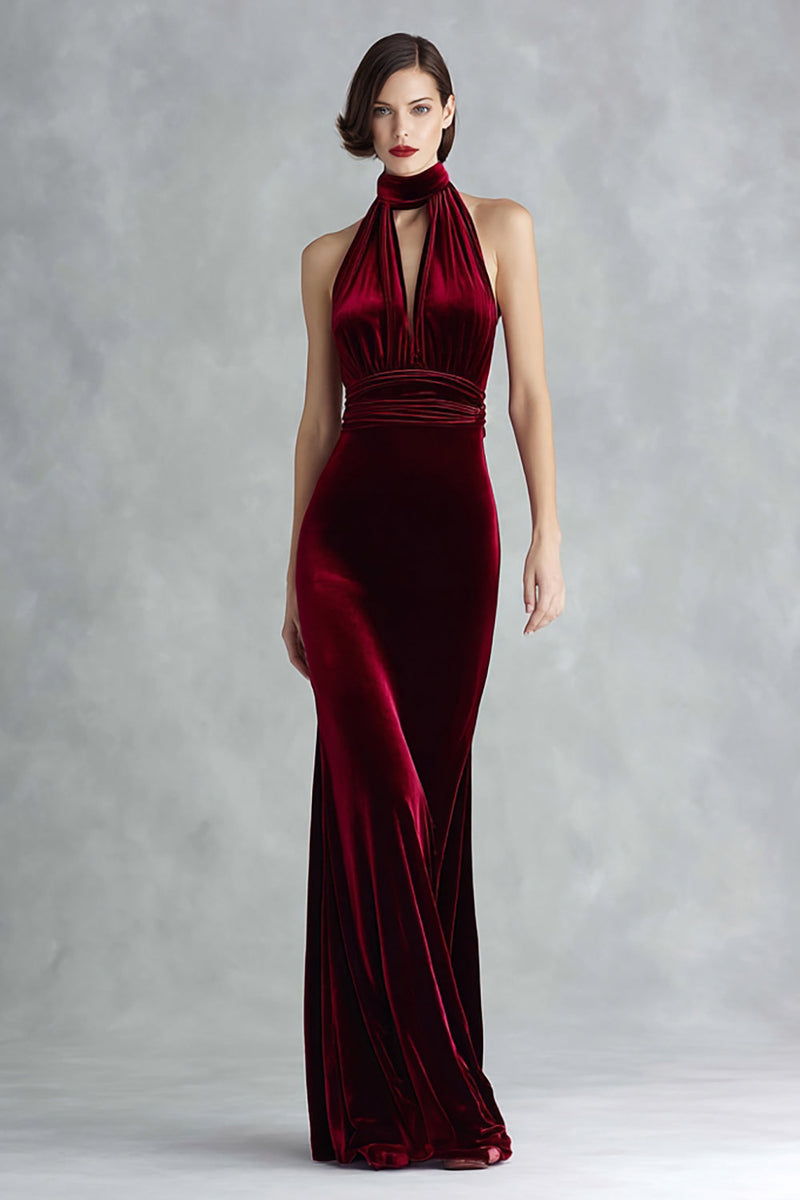 Load image into Gallery viewer, Burgundy Velvet Mermaid High Neck Keyhole Long Holiday Party Dress