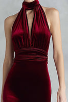 Load image into Gallery viewer, Burgundy Velvet Mermaid High Neck Keyhole Long Holiday Party Dress