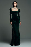 Load image into Gallery viewer, Sparkly Dark Green Velvet Square Neck Mermaid Maxi Holiday Party Dress