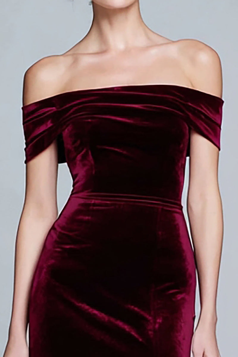 Load image into Gallery viewer, Burgundy Velvet Off the Shoulder Long Holiday Party Dress with Slit
