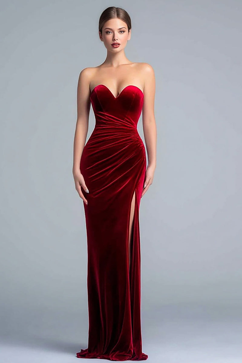 Load image into Gallery viewer, Queendancer Women Burgundy Velvet Long Holiday Party Dress with Slit Mermaid Sweetheart Ruched Strapless Formal Dress