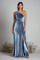 Load image into Gallery viewer, Dusty Blue Velvet One Shoulder Ruched Long Holiday Party Dress with Slit