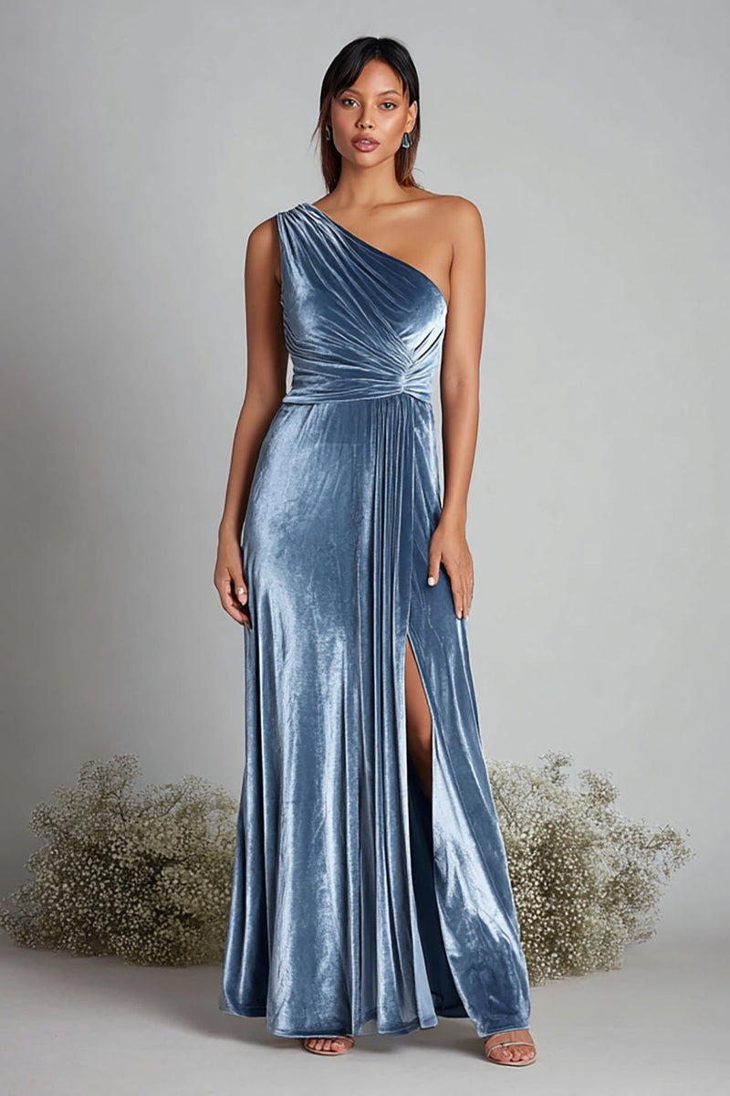 Load image into Gallery viewer, Dusty Blue Velvet One Shoulder Ruched Long Holiday Party Dress with Slit