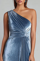 Load image into Gallery viewer, Dusty Blue Velvet One Shoulder Ruched Long Holiday Party Dress with Slit