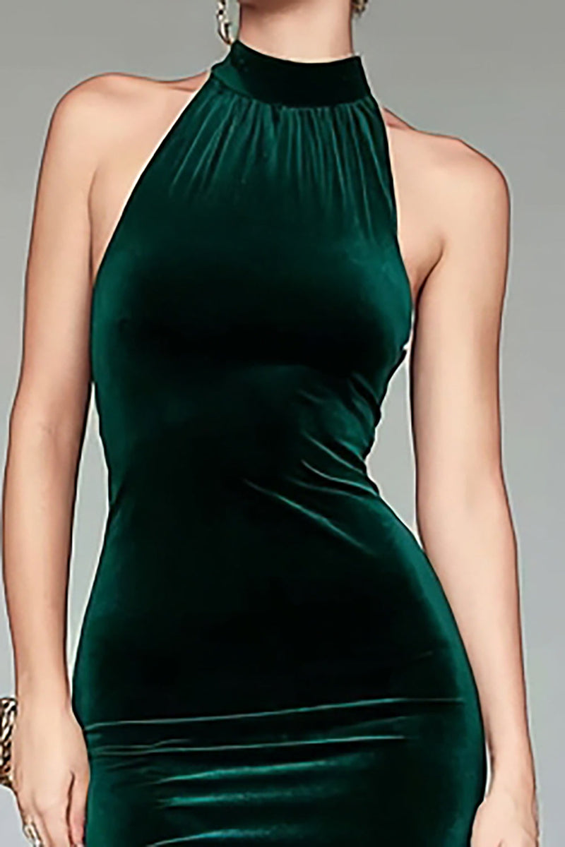 Load image into Gallery viewer, Dark Green Velvet Halter Mermaid Long Formal Dress with Slit