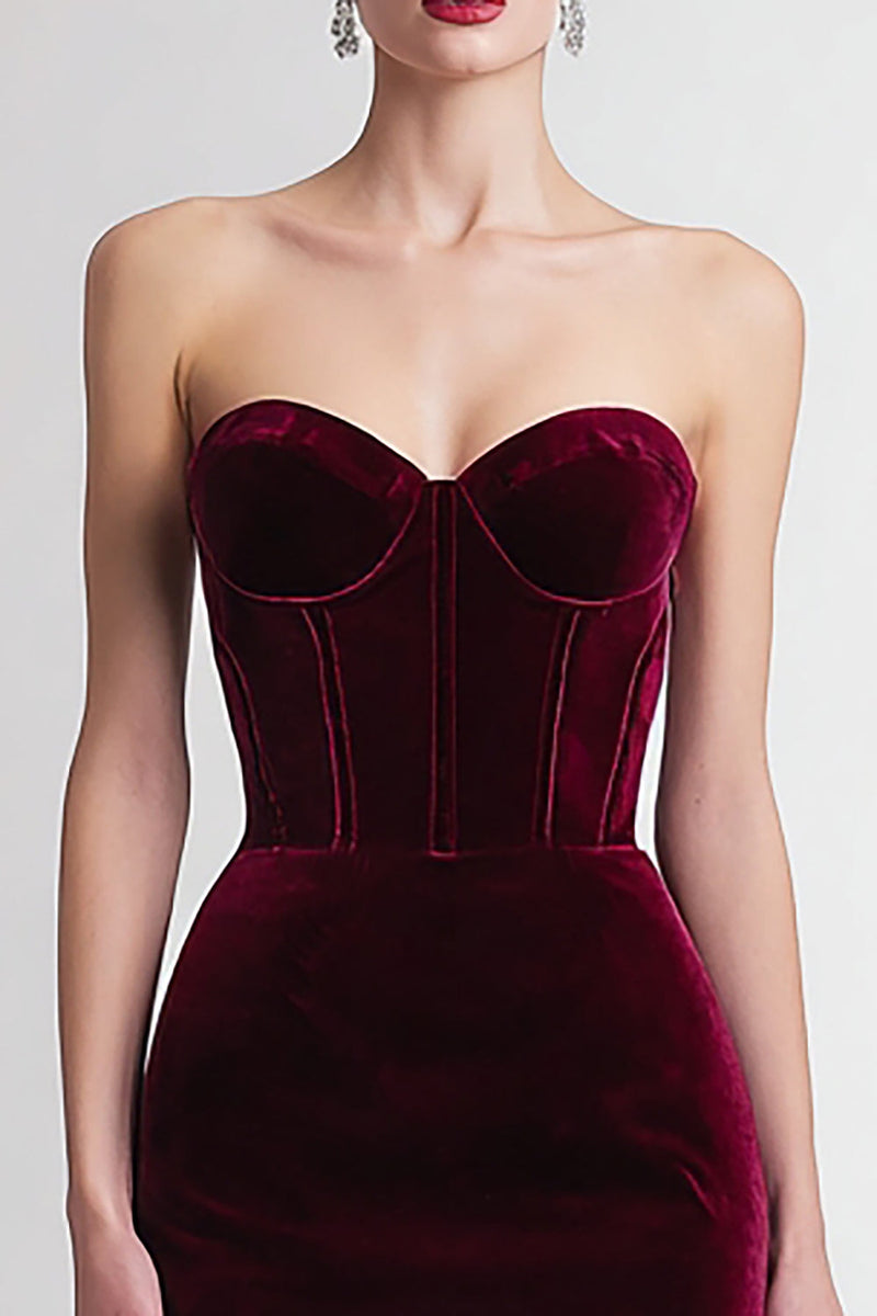 Load image into Gallery viewer, Burgundy Velvet Sweetheart Bodycon Midi Corset Holiday Party Dress