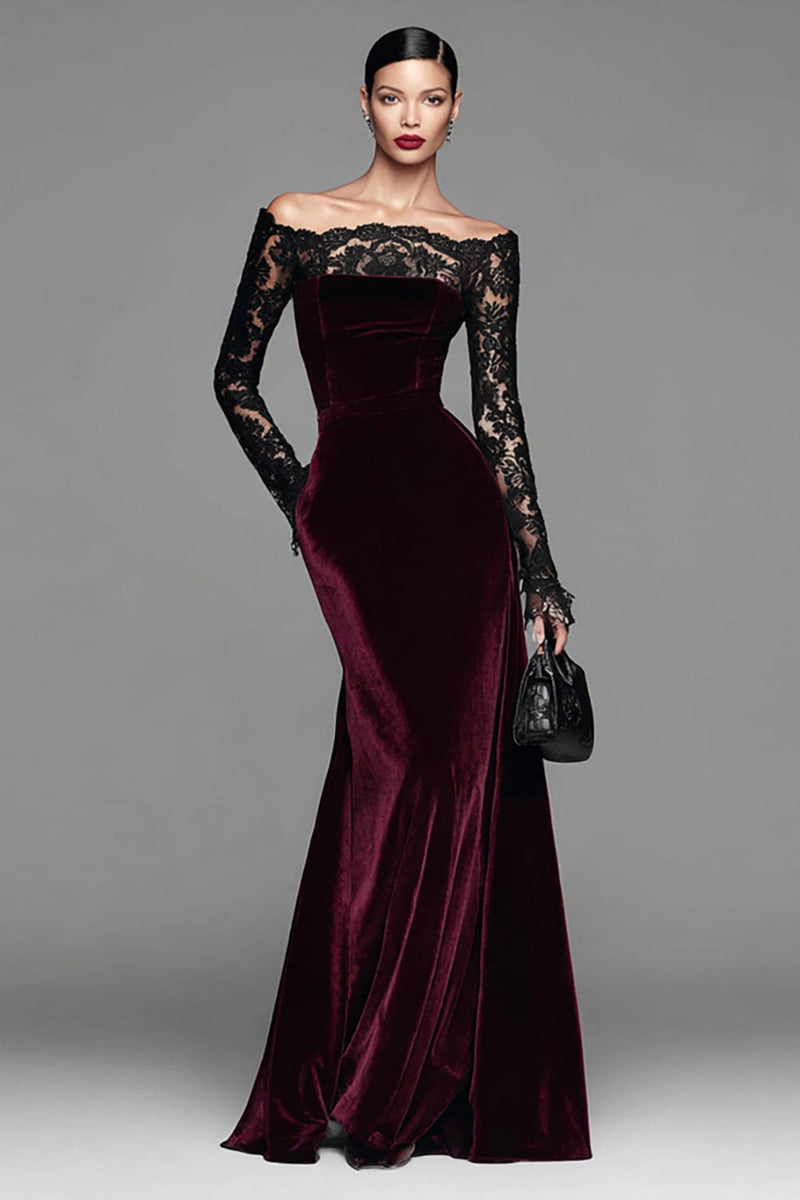 Queendancer Women Plus Size Burgundy Velvet Long Sleeves Holiday Party Dress  with Lace Off the Shoulder Mermaid Formal Dress – queendancer