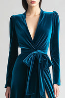 Load image into Gallery viewer, Peacock Blue A Line Ruched Long Sleeves Holiday Party Dress with Slit