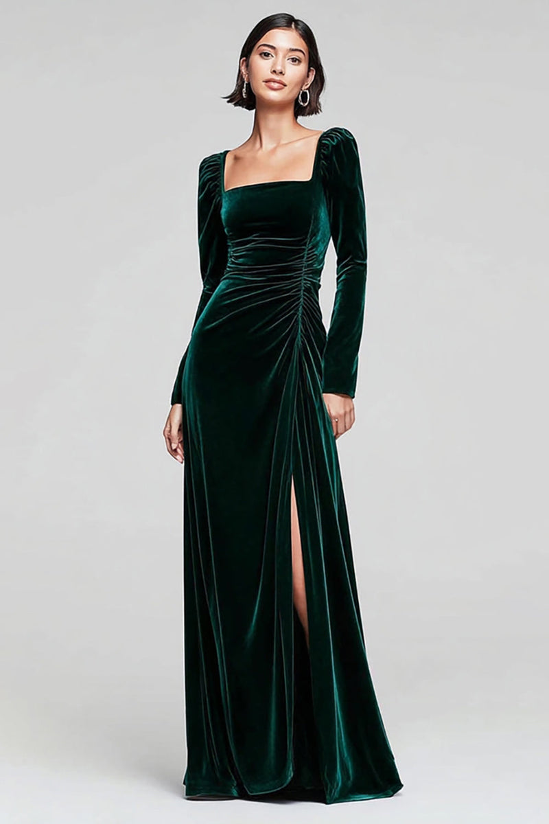 Load image into Gallery viewer, Dark Green Velvet Square Neck Long Sleeves Holiday Party Dress with Slit