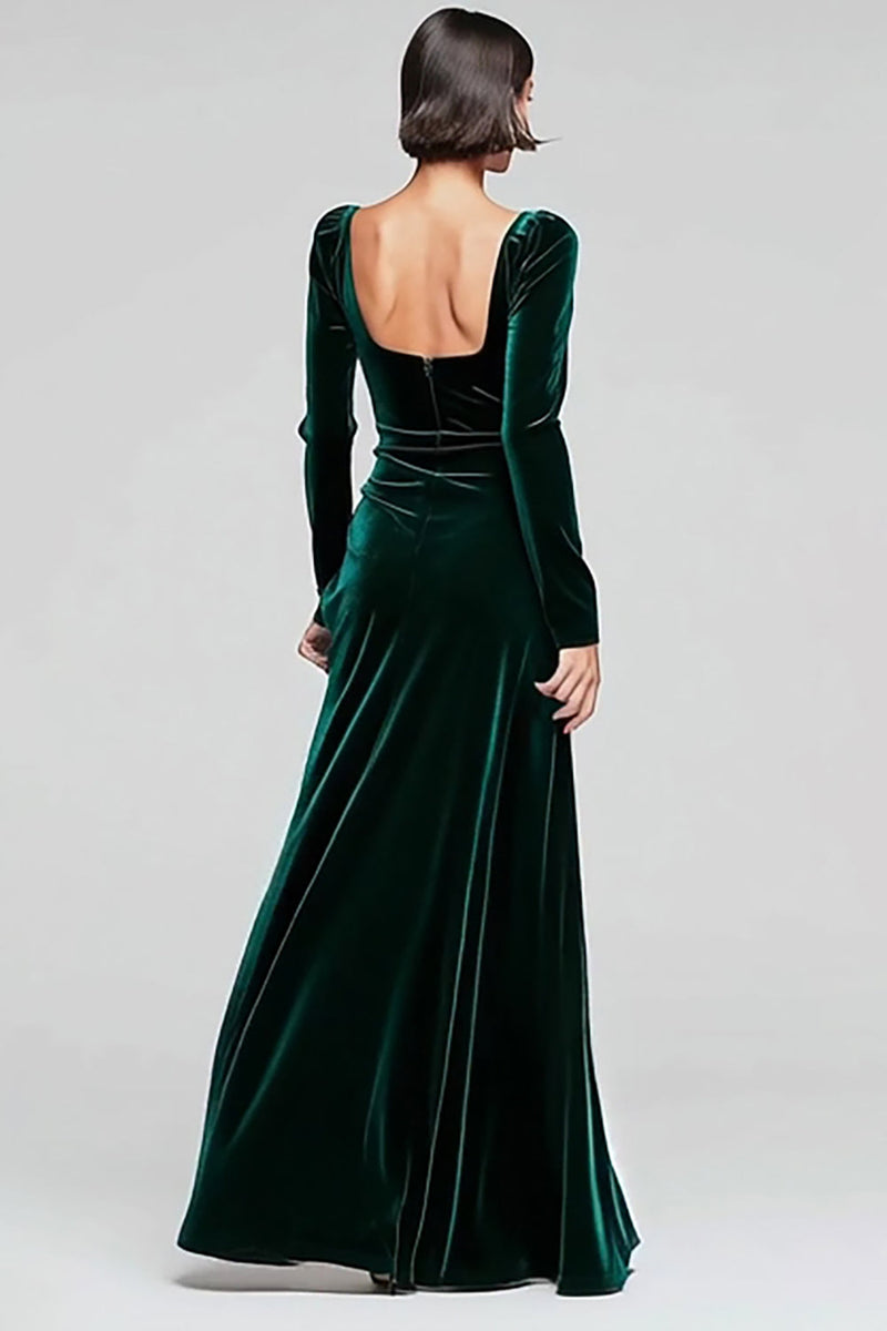 Load image into Gallery viewer, Dark Green Velvet Square Neck Long Sleeves Holiday Party Dress with Slit