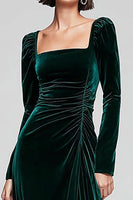 Load image into Gallery viewer, Dark Green Velvet Square Neck Long Sleeves Holiday Party Dress with Slit