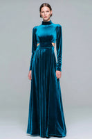 Load image into Gallery viewer, Peacock Blue Velvet High Neck Cut Out Pleated Long Holiday Party Dress