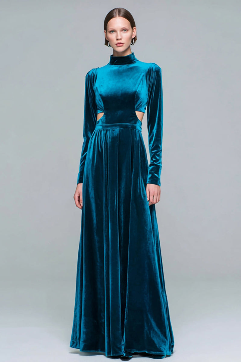 Load image into Gallery viewer, Peacock Blue Velvet High Neck Cut Out Pleated Long Holiday Party Dress