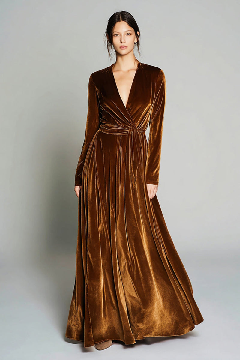 Load image into Gallery viewer, Brown A Line Velvet Pleated Long Sleeves Holiday Party Dress