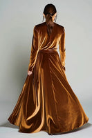Load image into Gallery viewer, Brown A Line Velvet Pleated Long Sleeves Holiday Party Dress
