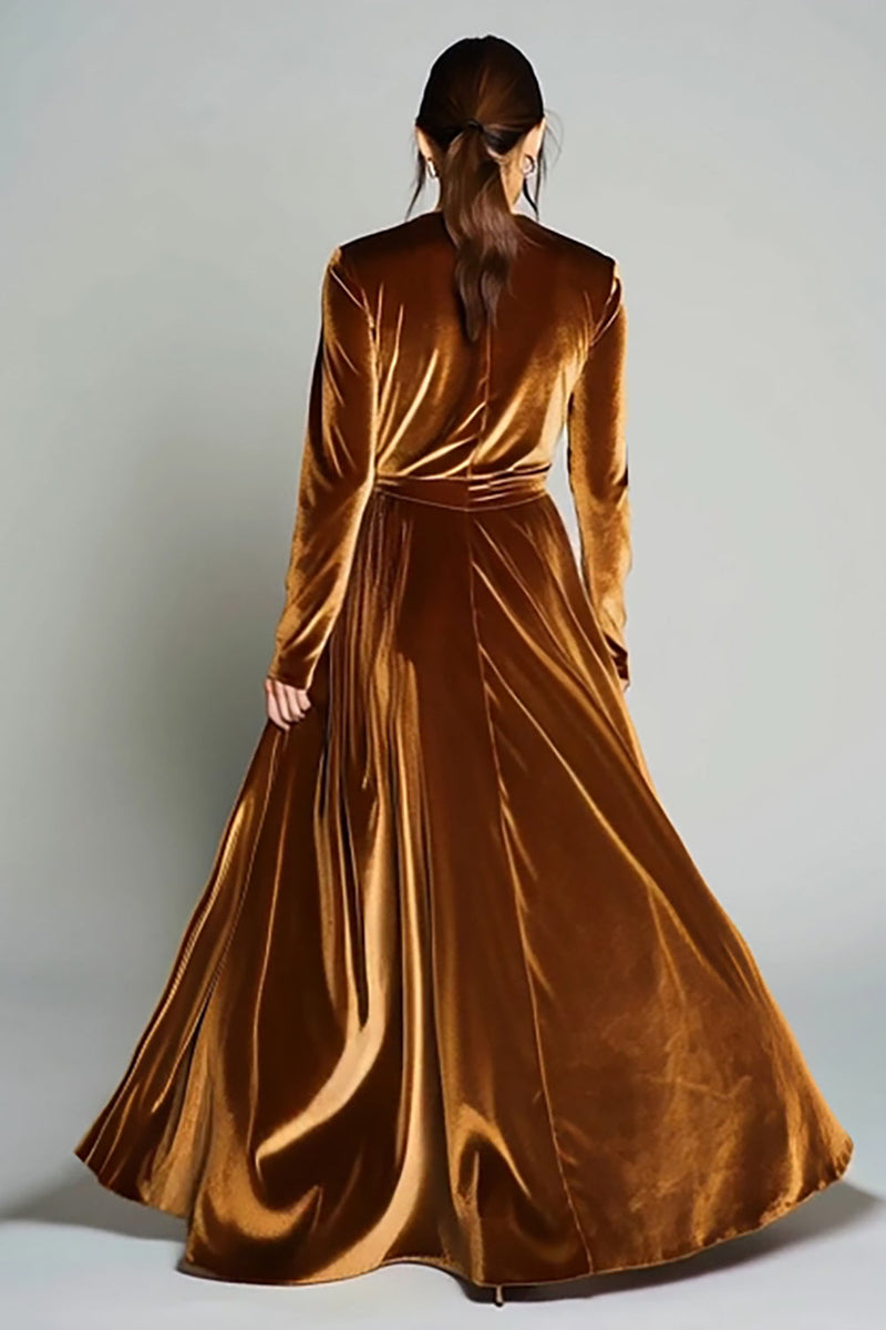 Load image into Gallery viewer, Brown A Line Velvet Pleated Long Sleeves Holiday Party Dress