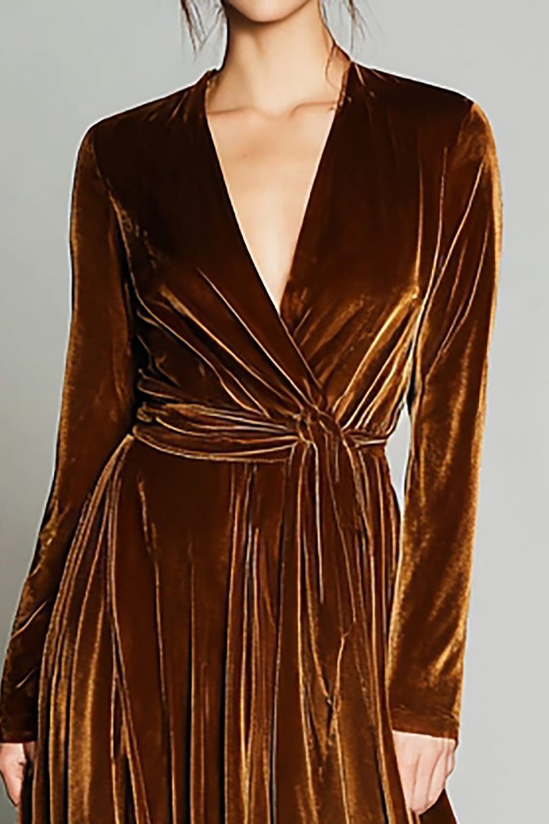 Load image into Gallery viewer, Brown A Line Velvet Pleated Long Sleeves Holiday Party Dress