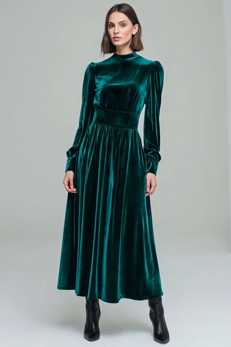 Load image into Gallery viewer, Peacock Green Velvet A Line Long Sleeves Holiday Party Dress