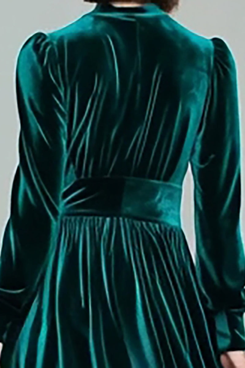Load image into Gallery viewer, Peacock Green Velvet A Line Long Sleeves Holiday Party Dress