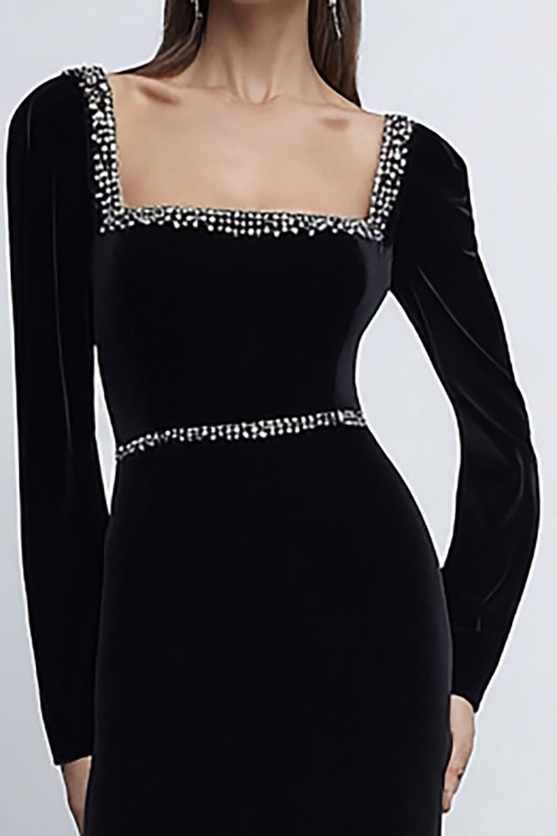Load image into Gallery viewer, Sparkly Black Velvet Square Neck Long Holiday Party Dress with Beading