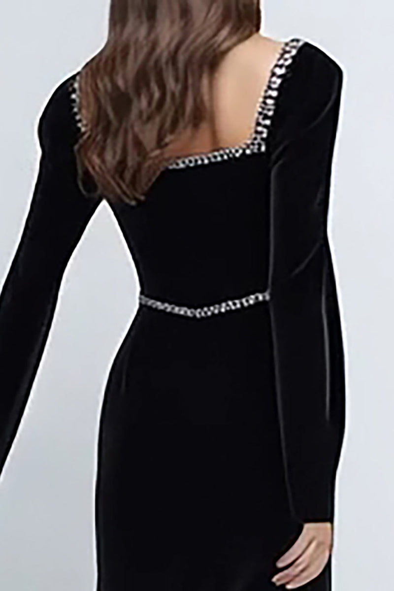 Load image into Gallery viewer, Sparkly Black Velvet Square Neck Long Holiday Party Dress with Beading