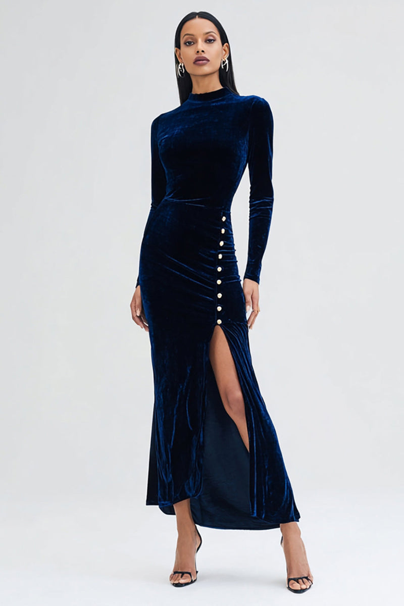 Load image into Gallery viewer, Navy Velvet Mermaid High Neck Long Sleeves Holiday Party Dress with Slit