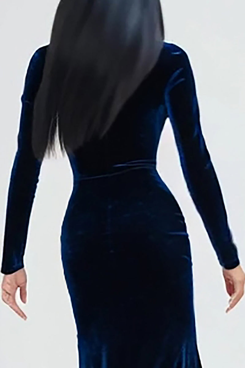 Load image into Gallery viewer, Navy Velvet Mermaid High Neck Long Sleeves Holiday Party Dress with Slit