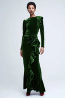 Load image into Gallery viewer, Green Velvet Mermaid Long Sleeves Holiday Party Dress with Ruffles