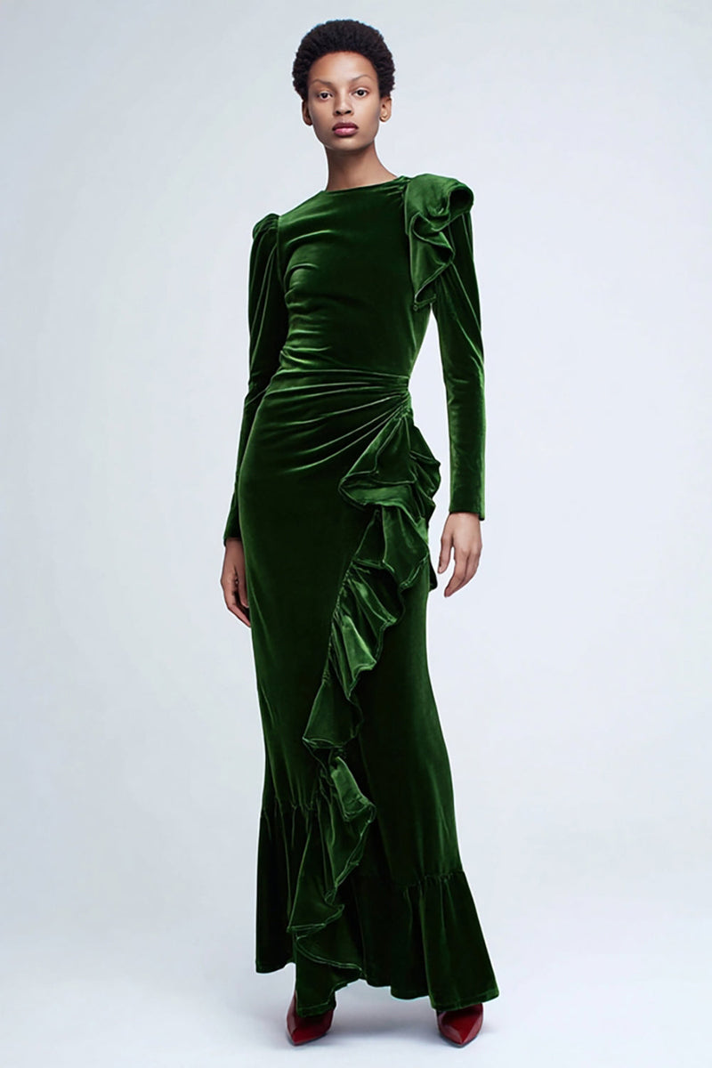 Load image into Gallery viewer, Green Velvet Mermaid Long Sleeves Holiday Party Dress with Ruffles