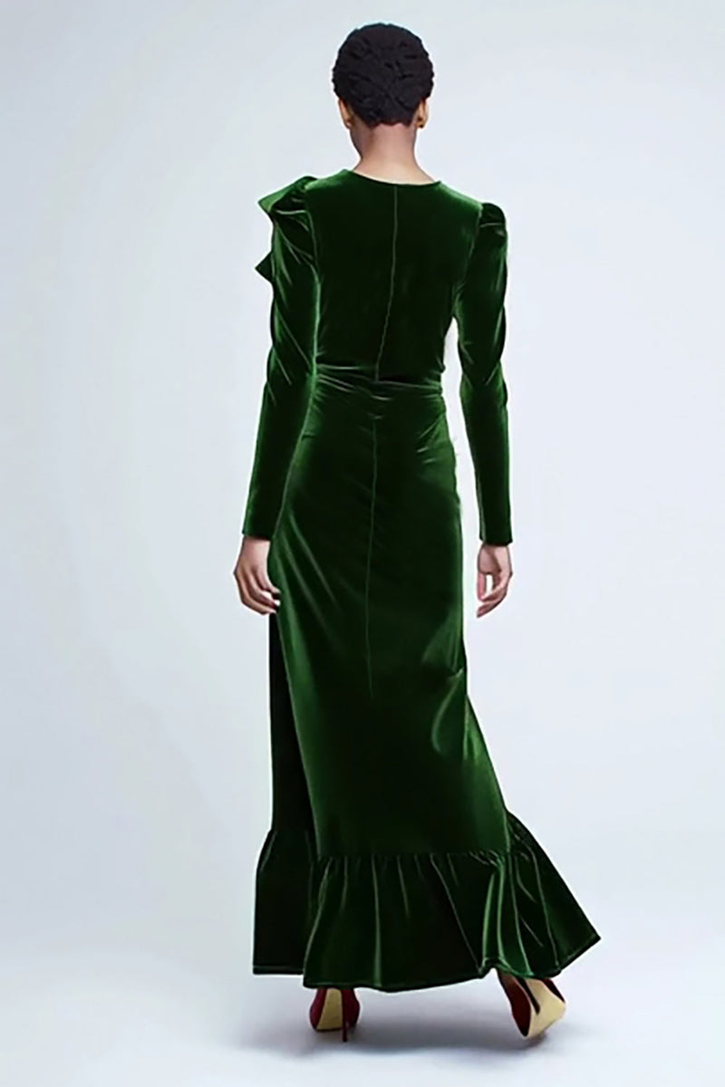 Load image into Gallery viewer, Green Velvet Mermaid Long Sleeves Holiday Party Dress with Ruffles