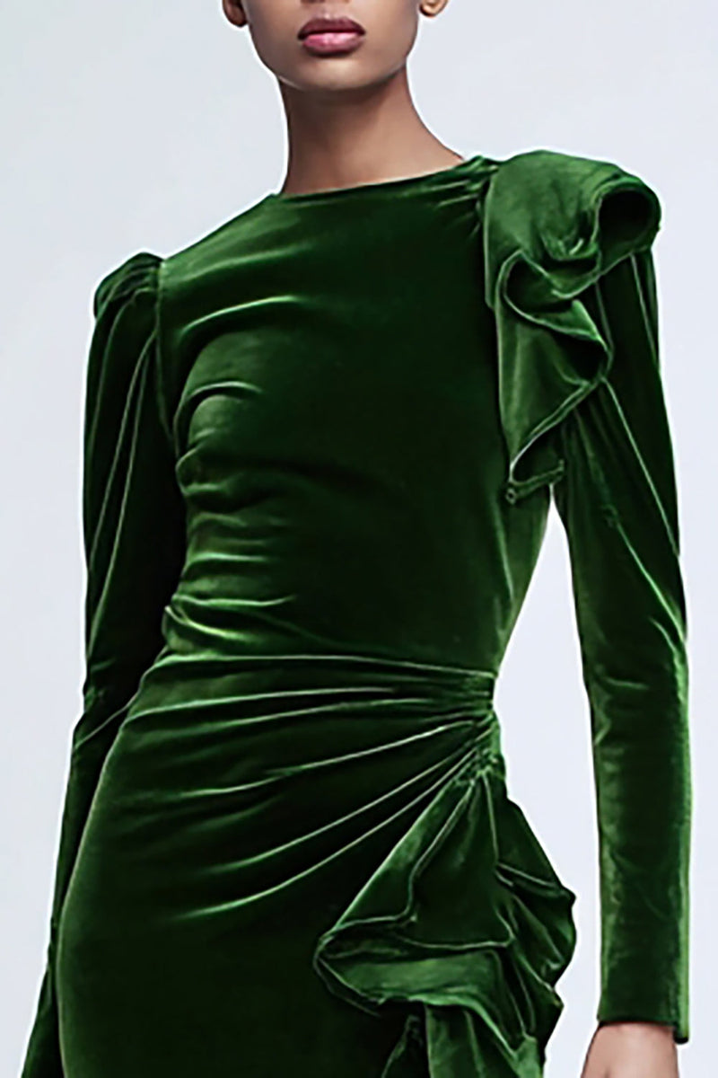 Load image into Gallery viewer, Green Velvet Mermaid Long Sleeves Holiday Party Dress with Ruffles