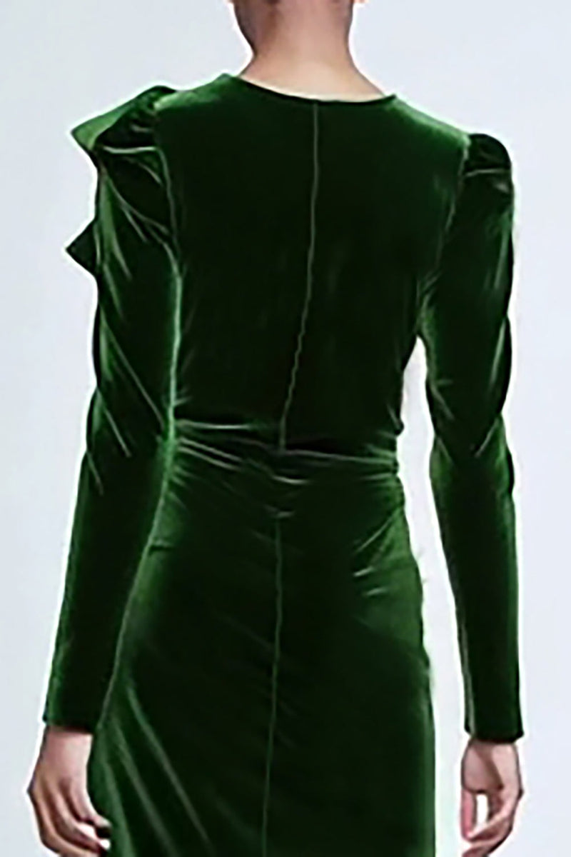 Load image into Gallery viewer, Green Velvet Mermaid Long Sleeves Holiday Party Dress with Ruffles