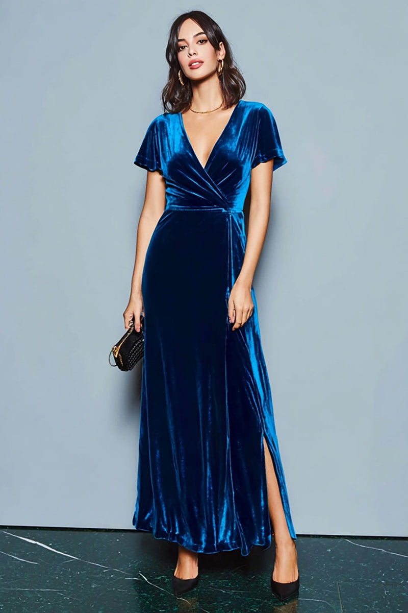 Load image into Gallery viewer, Dark Blue Velvet Sheath V-Neck Long Holiday Party Dress with Slit