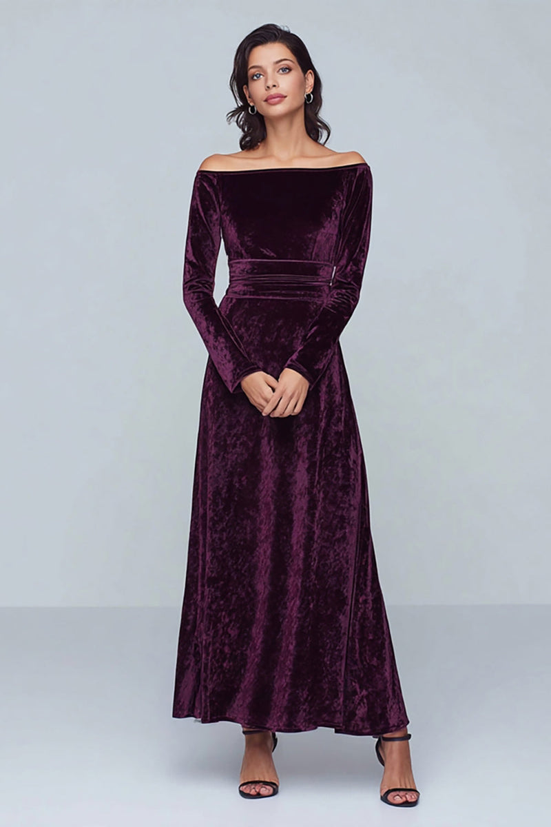 Load image into Gallery viewer, Plum Velvet A Line Long Sleeves Holiday Party Dress