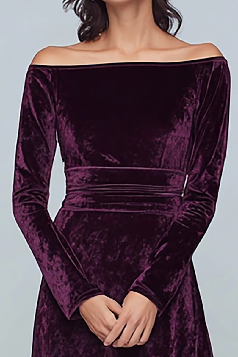 Load image into Gallery viewer, Plum Velvet A Line Long Sleeves Holiday Party Dress