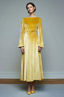 Load image into Gallery viewer, Yellow Velvet A Line Long SleevesHoliday Party Dress
