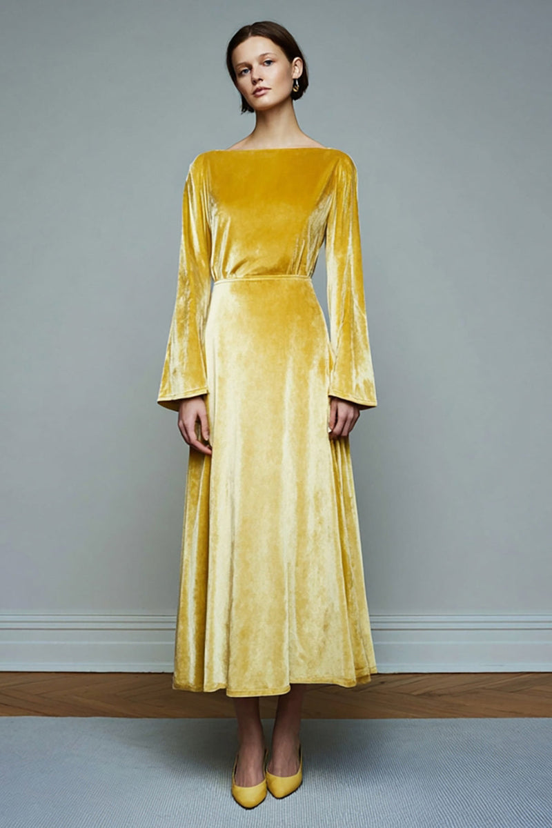 Load image into Gallery viewer, Yellow Velvet A Line Long SleevesHoliday Party Dress